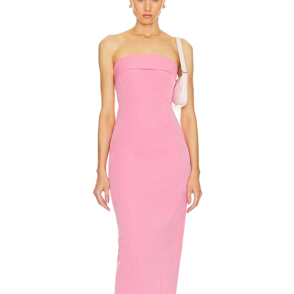 Helsa Tech Gabardine Long Strapless Dress in Very Pink - Picture 2 of 13